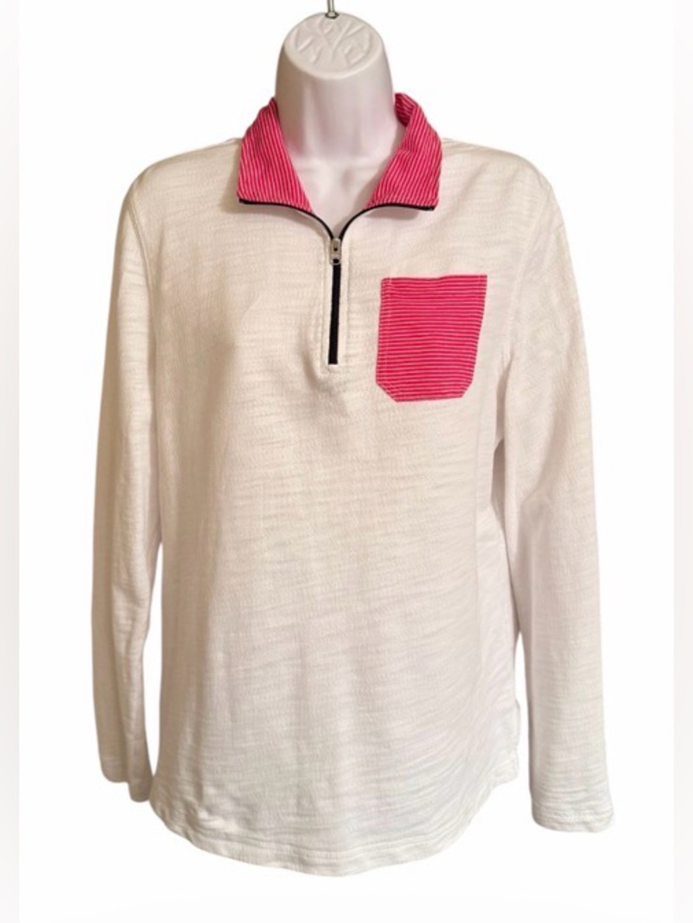 Talbots Hello Saturday Quarter Zip Cotton Top Medium Pink Stripe Long Sleeve